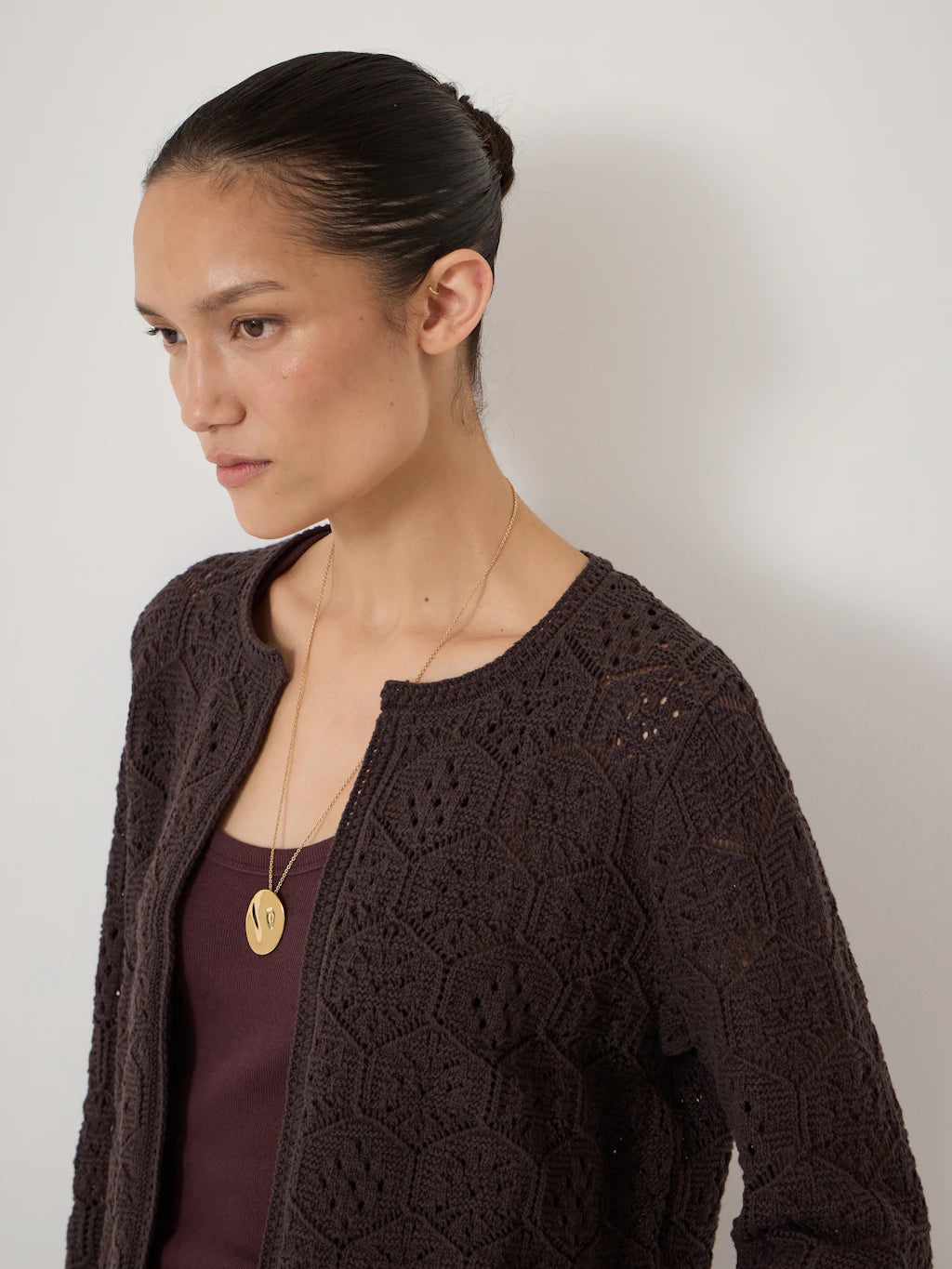 Crochet Cotton Edge to Edge Cardigan - Dark Brown