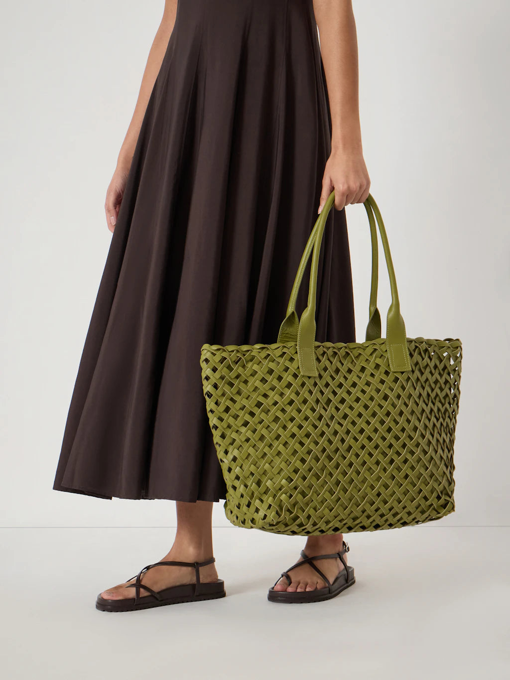 Leni Leather Weave Tote Bag - Olive Green