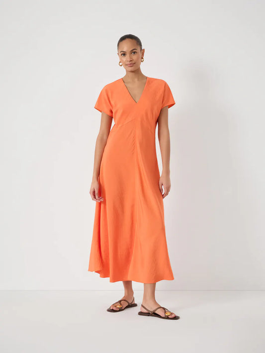 Bright orange v-neck linen blend dress.