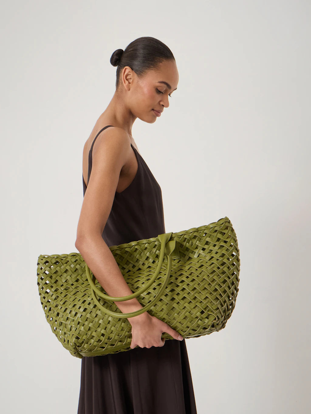 Leni Leather Weave Tote Bag - Olive Green