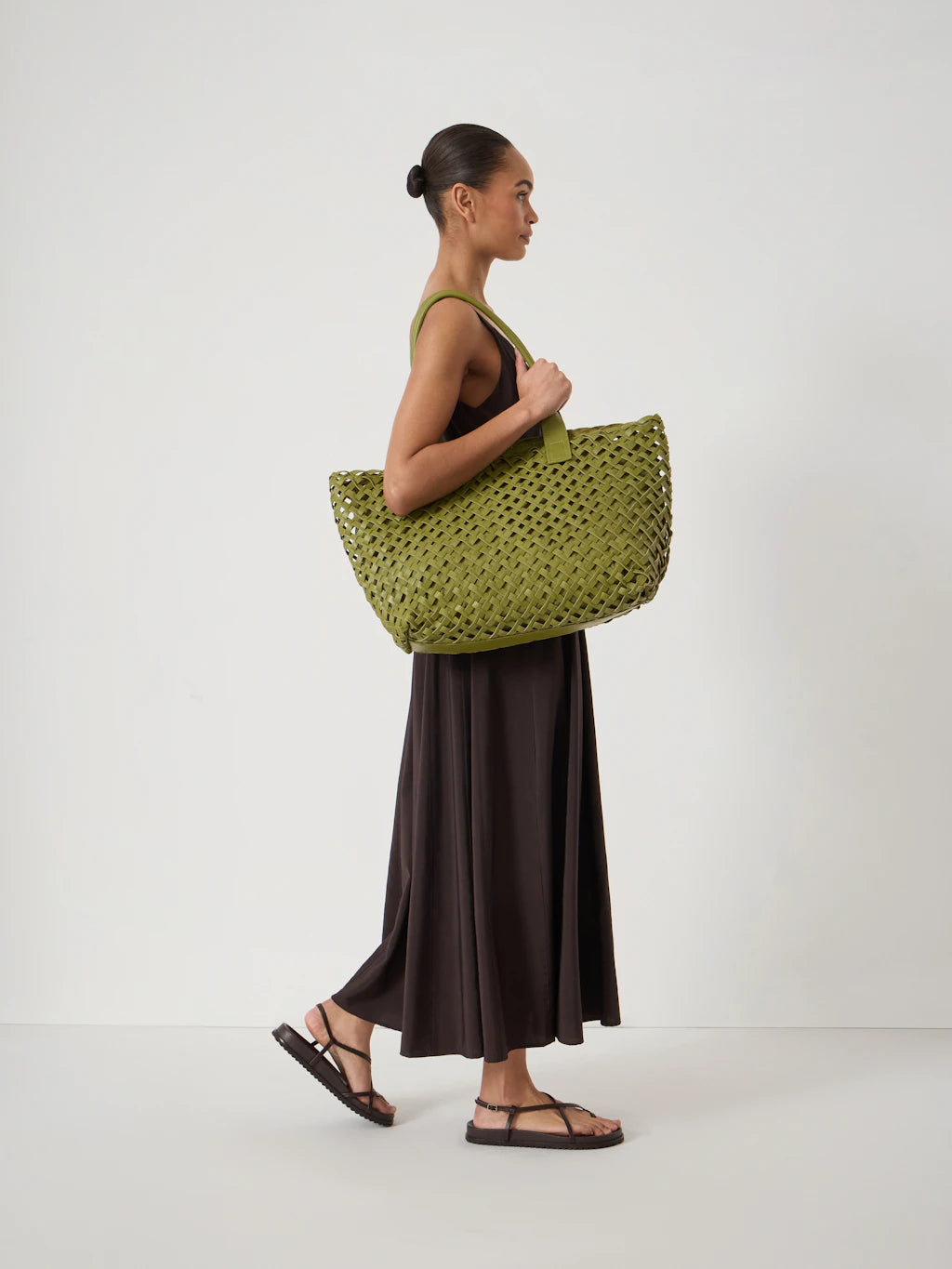 Leni Leather Weave Tote Bag - Olive Green