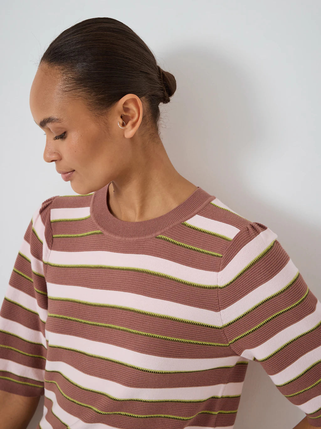 Gathered Shoulder Stripe Knitted T-shirt - Clay Brown