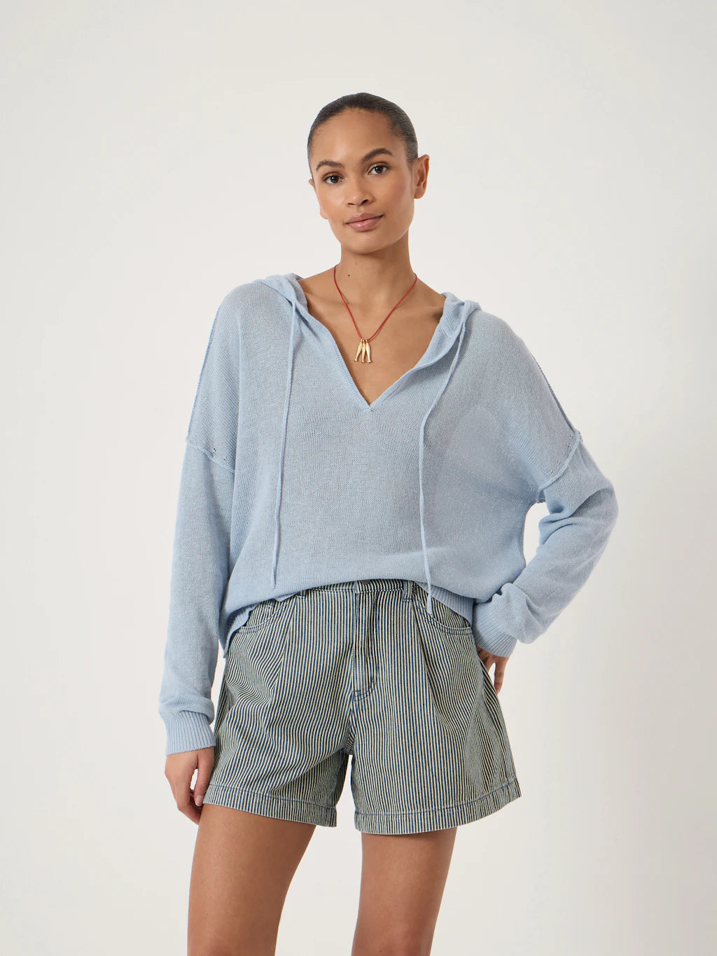 Cara Linen Blend V Neck Hoodie - Misty Blue