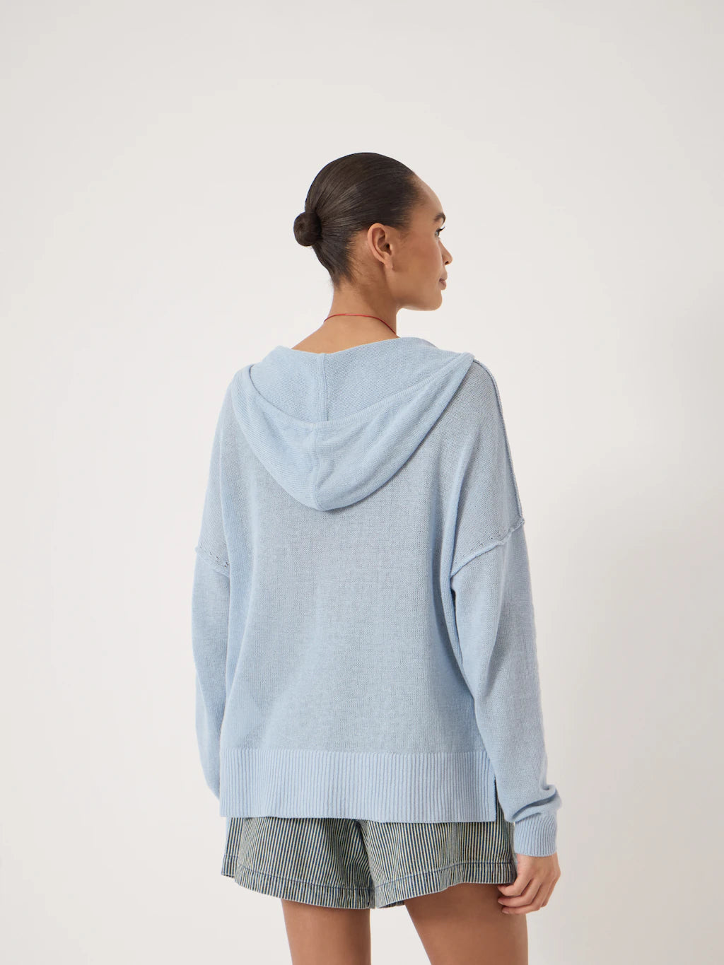 Cara Linen Blend V Neck Hoodie - Misty Blue