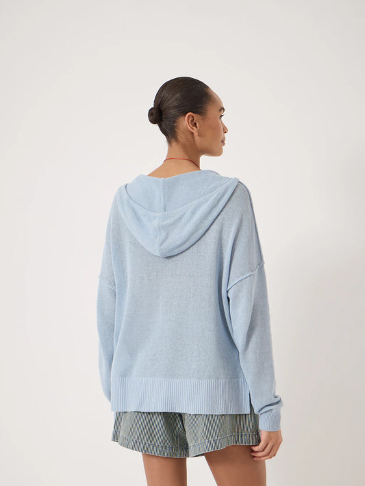 Cara Linen Blend V Neck Hoodie - Misty Blue