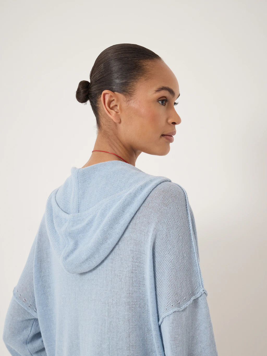 Cara Linen Blend V Neck Hoodie - Misty Blue