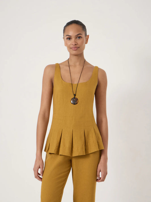 Mustard yellow linen blend waisted top.
