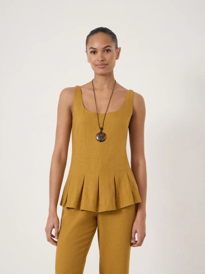 Mustard yellow linen blend waisted top.