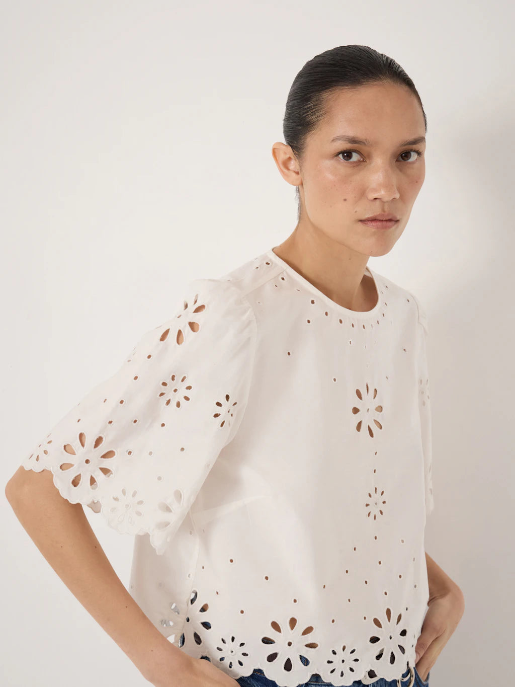 Enna Cotton Short Sleeve Broderie Top - Off White