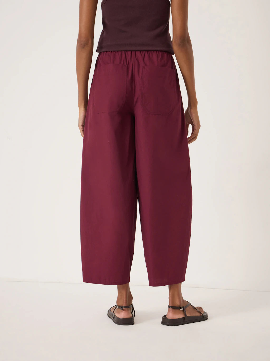 Juno Pull On Laundered Cotton Barrel Leg Trousers - Maroon Red
