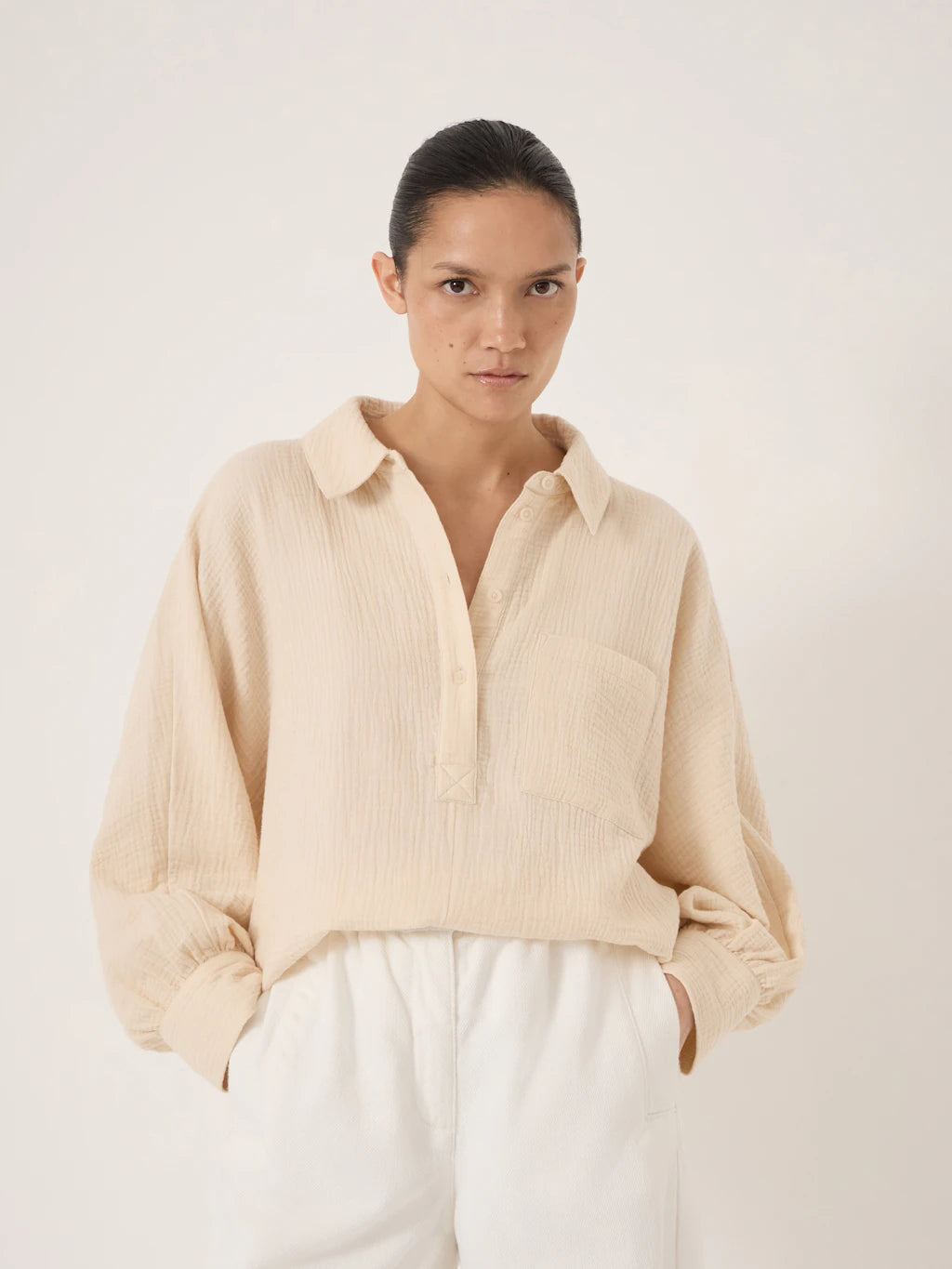 Cotton Cheesecloth Gathered Sleeve Shirt - Almond