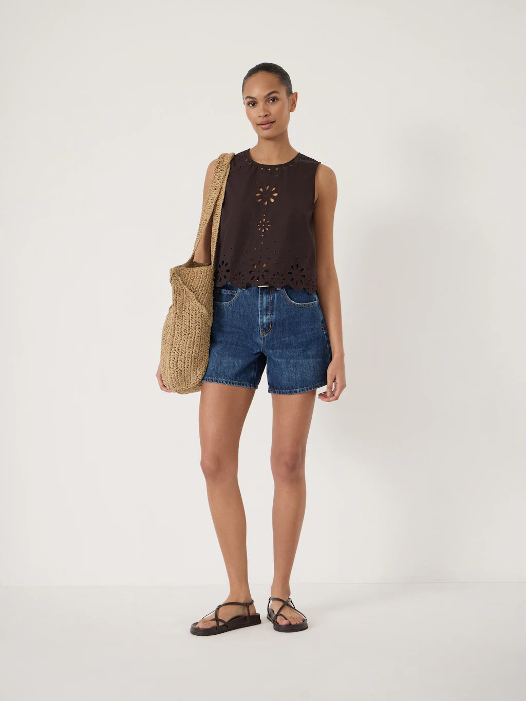 Olenna Cotton Broderie Shell Top - Dark Brown
