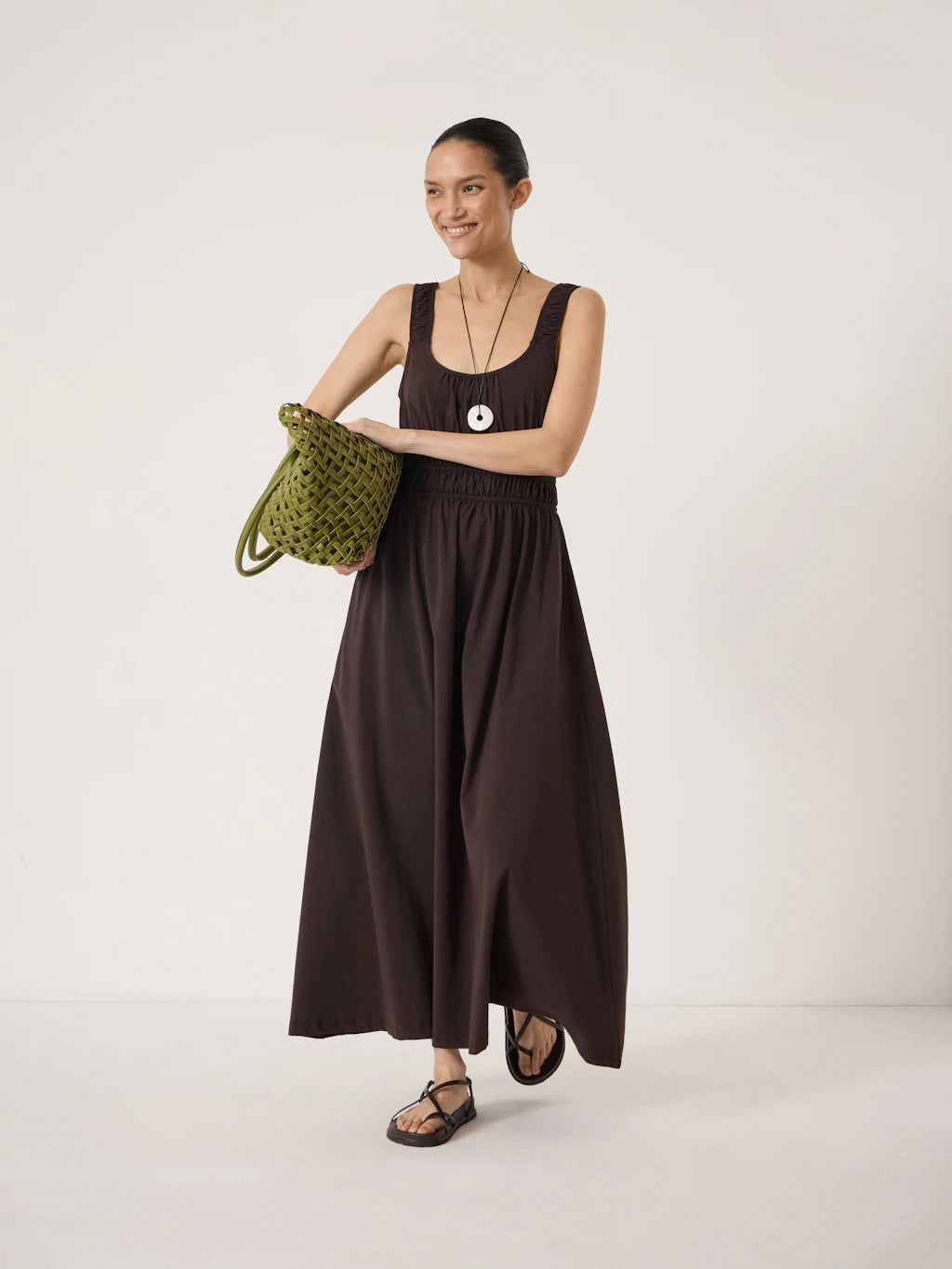 Dark brown shirred bodice jersey dress.