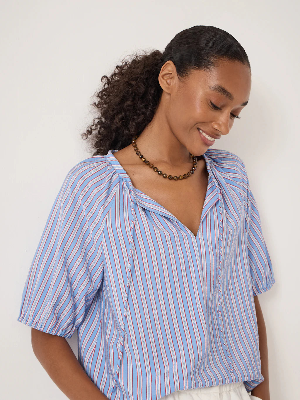 Beatrix Balloon Sleeve Blouse - Stripe Red & Blue