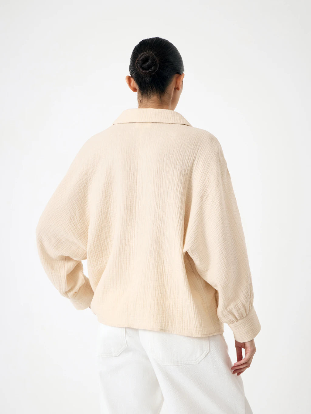 Cotton Cheesecloth Gathered Sleeve Shirt - Almond