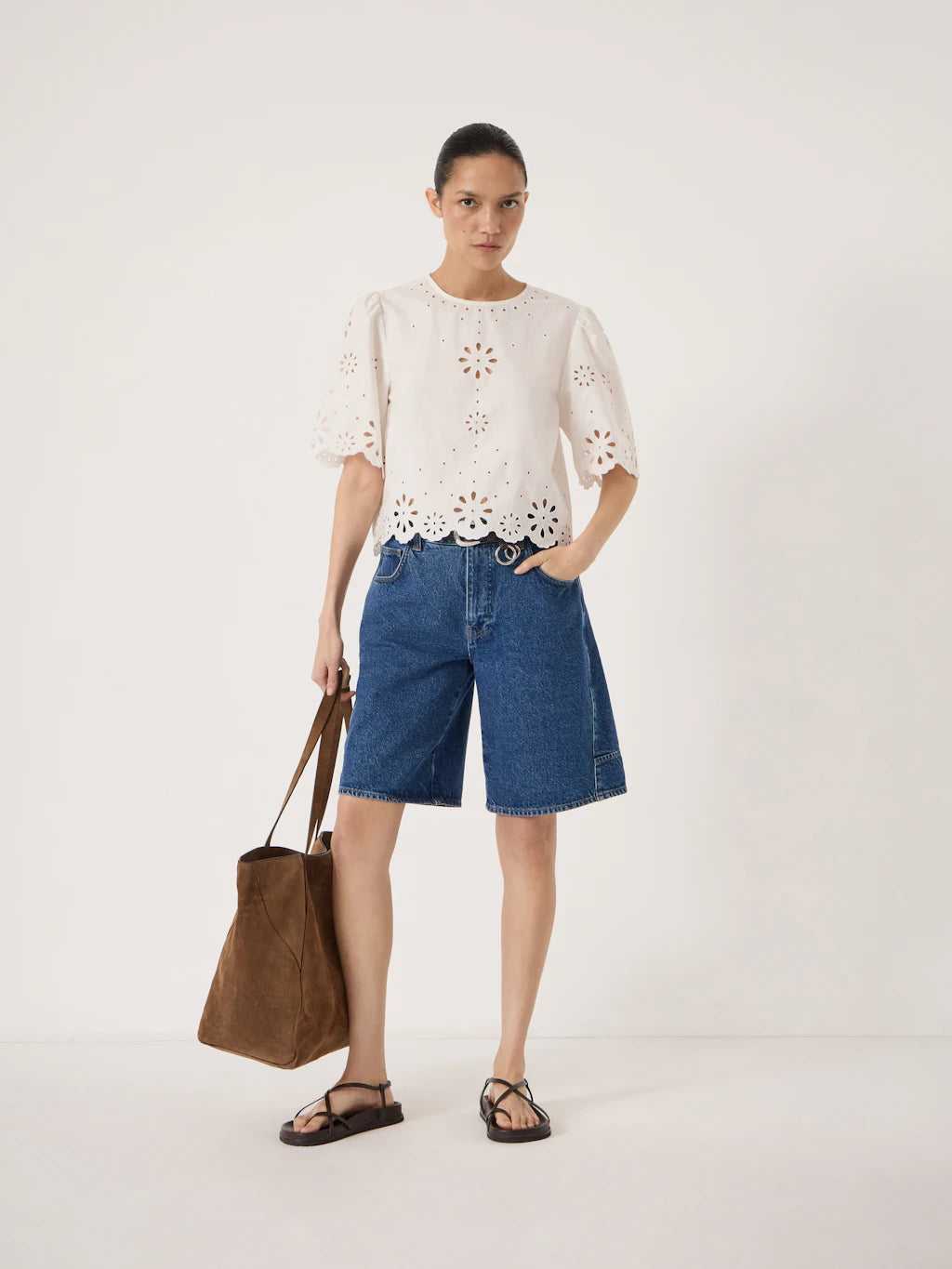 Enna Cotton Short Sleeve Broderie Top - Off White