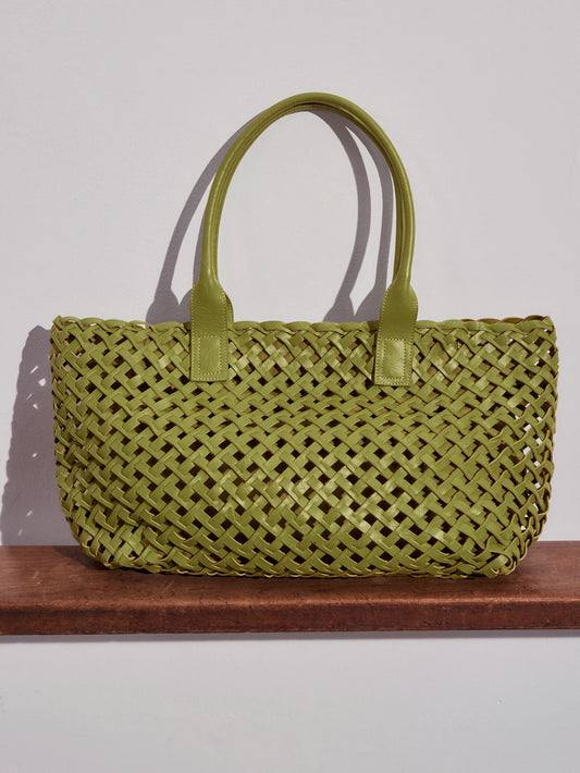 Olive green woven leather shopper bag.