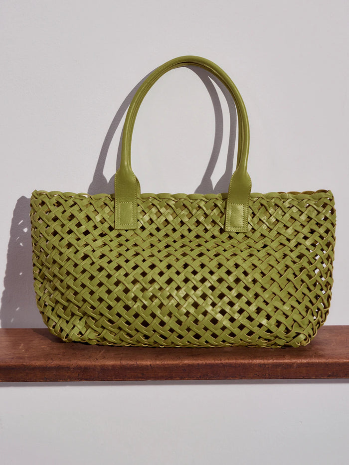 Olive green woven leather shopper bag.