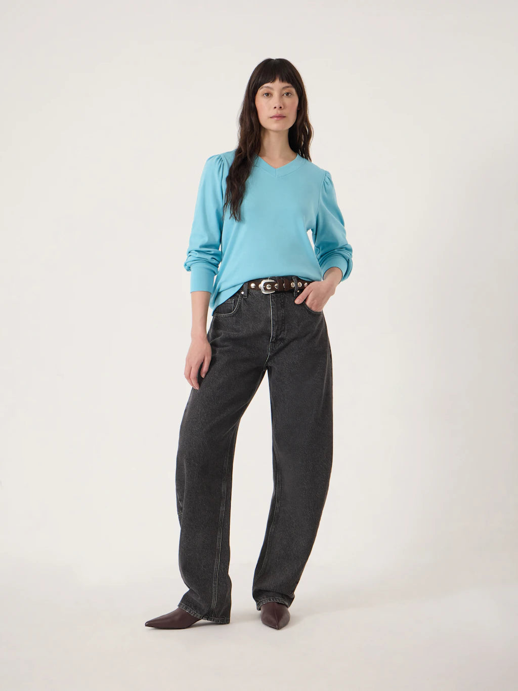 Emily V-Neck Puff Sleeve Top - Cabana Blue