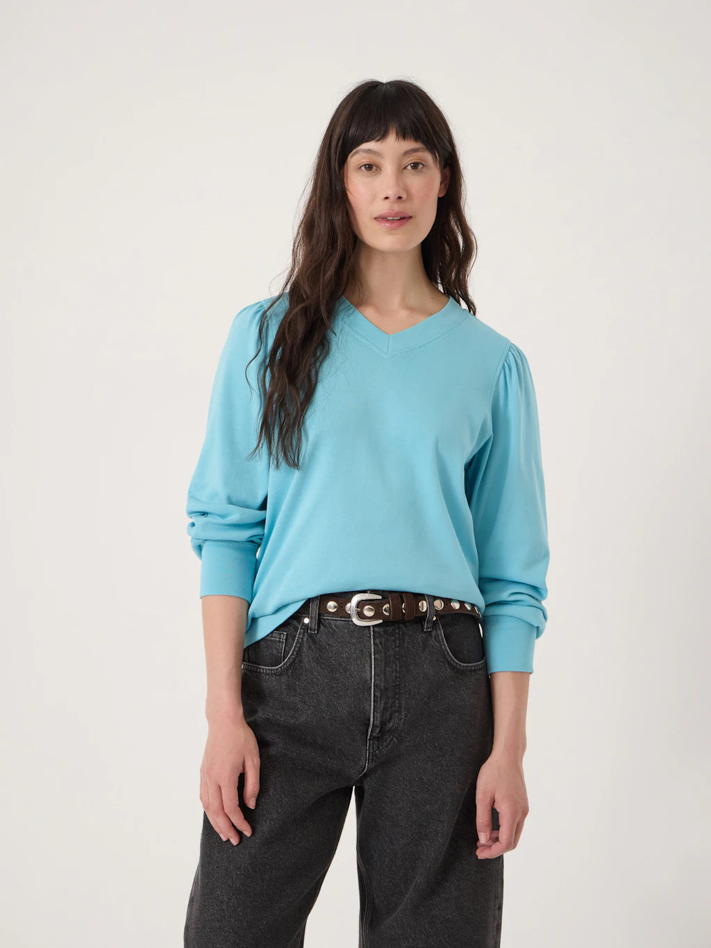 Emily V-Neck Puff Sleeve Top - Cabana Blue