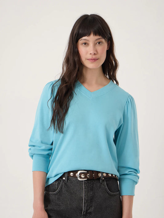 Pale aqua blue v-neck top.