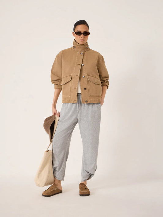 Elara Washed Cotton Funnel Neck Utility Jacket - Stone