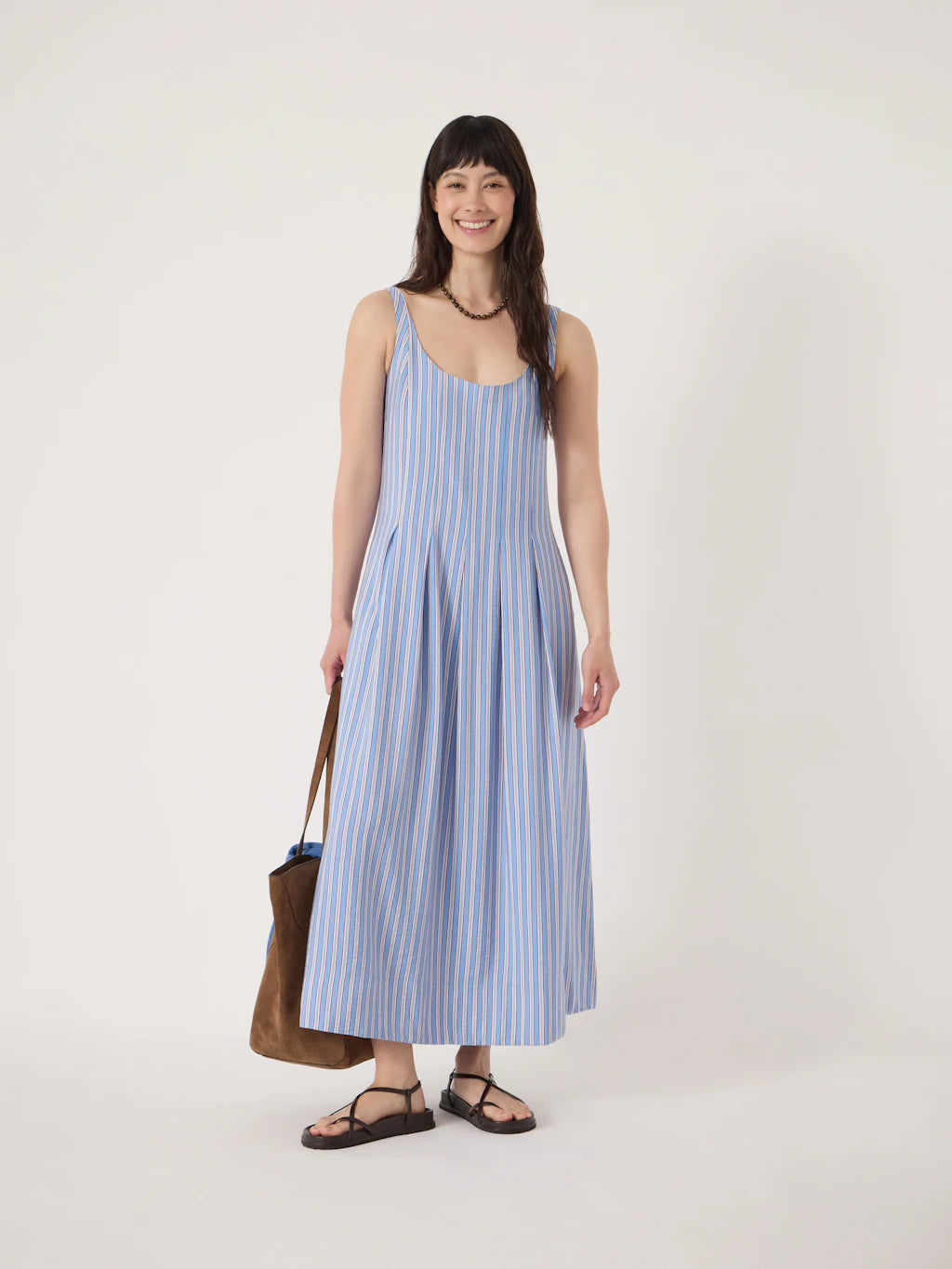 Pale blue and red striped dress.