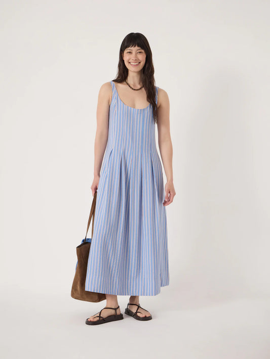 Pale blue and red striped dress.