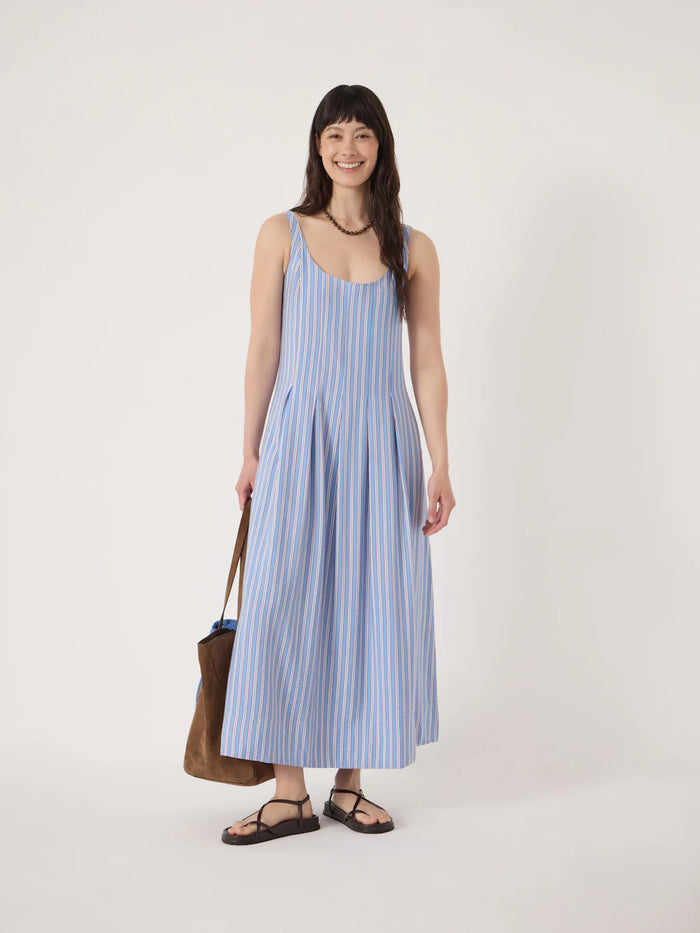 Pale blue and red striped dress.