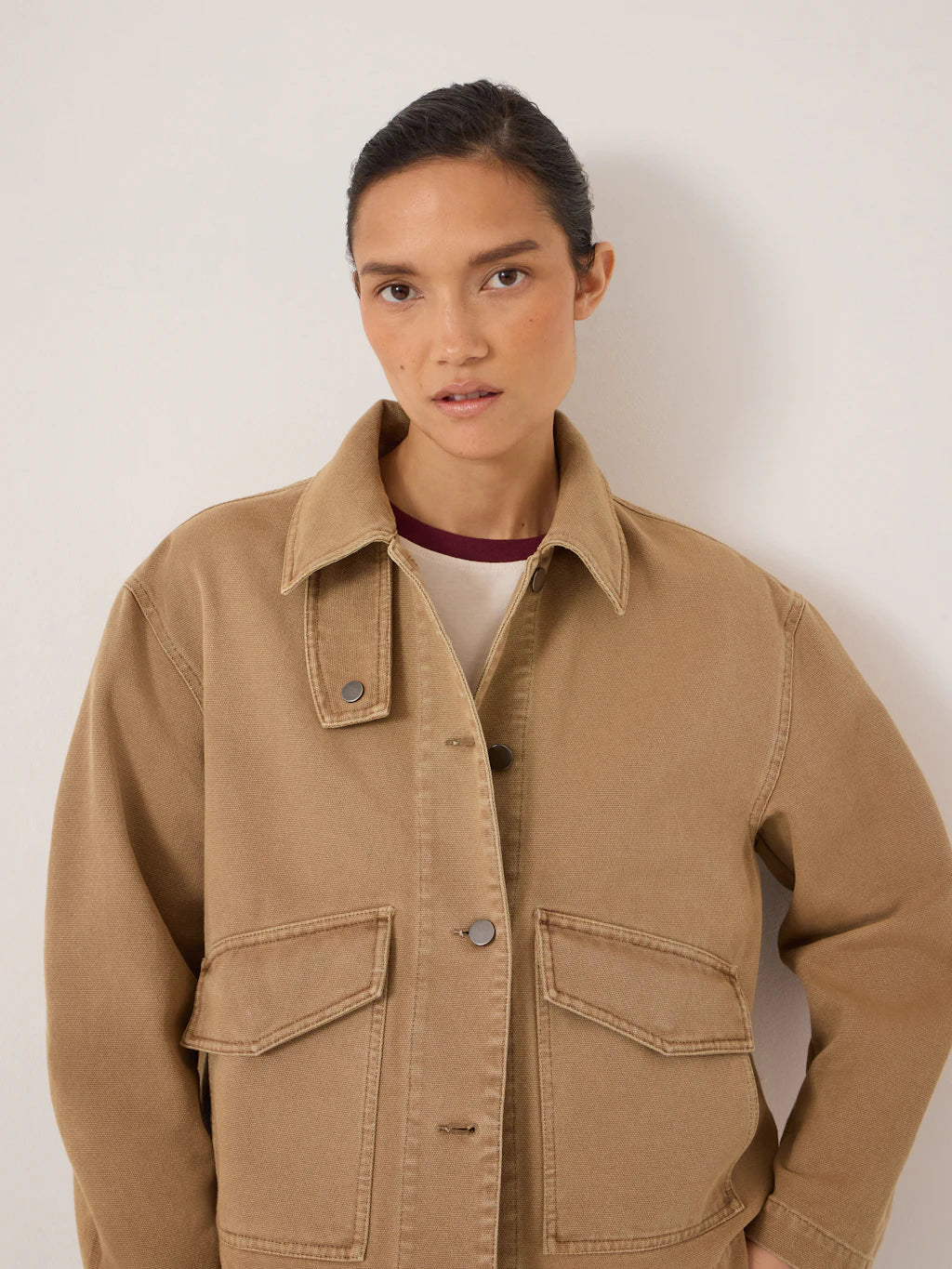 Elara Washed Cotton Funnel Neck Utility Jacket - Stone