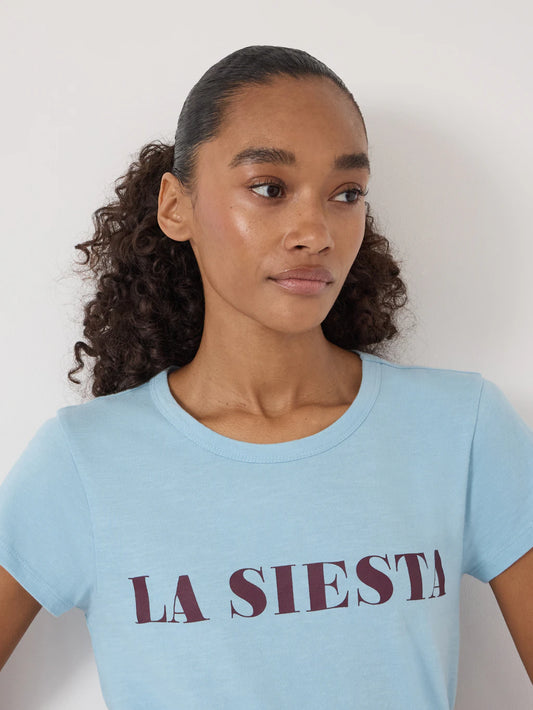 Light blue slub t-shirt with graphic print: LA SIESTA.