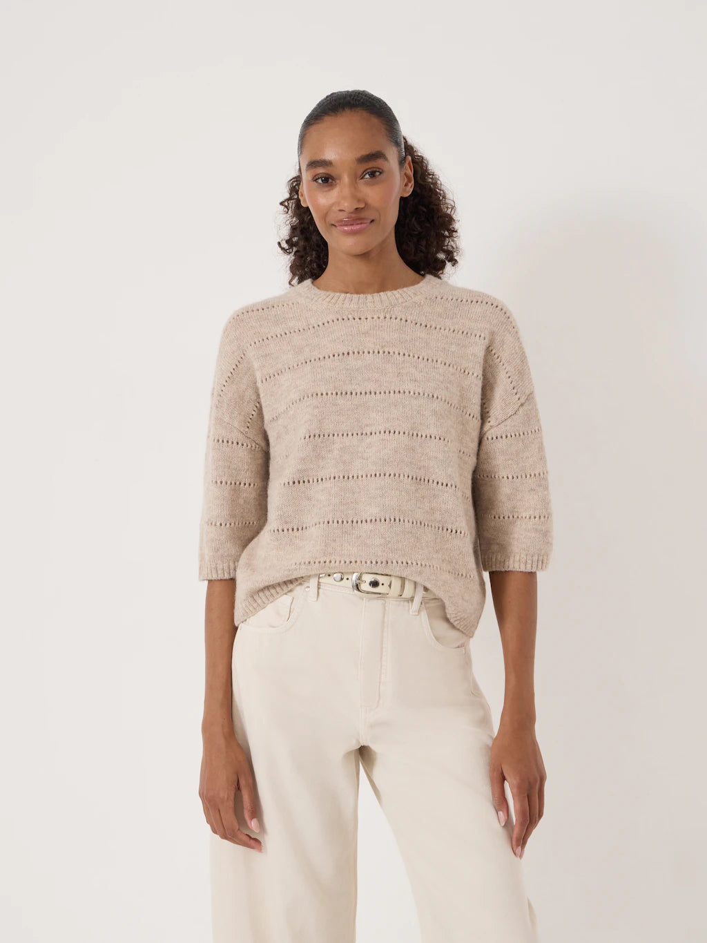 Pointelle stitched knitted t-shirt in oatmeal.