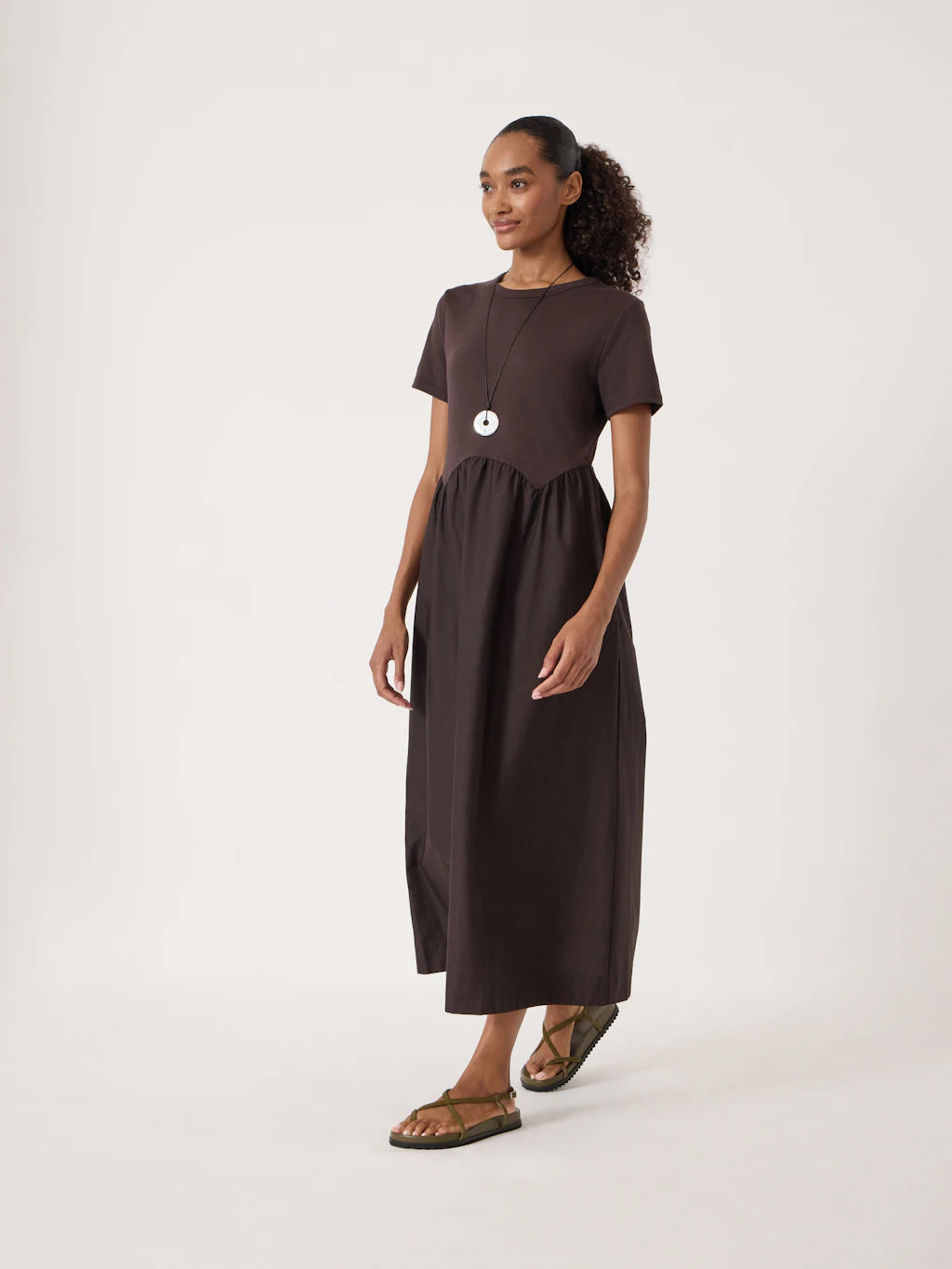 Enid Mix Media Jersey Woven Dress - Chocolate Brown