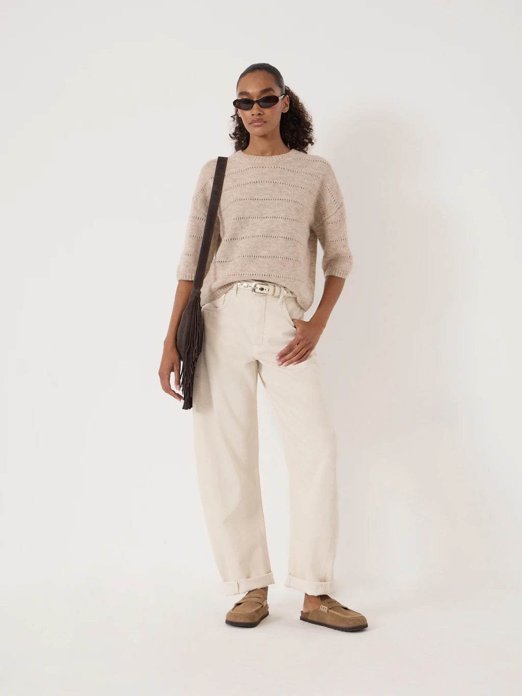 Arlette Pointelle Stitch Knitted Tee - Oatmeal