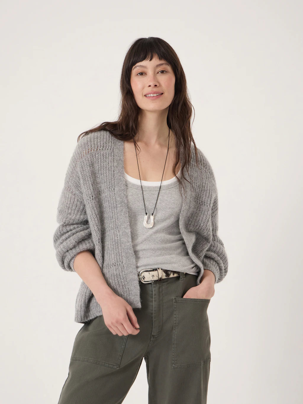 Grey extra fine knit edge to edge cardigan.