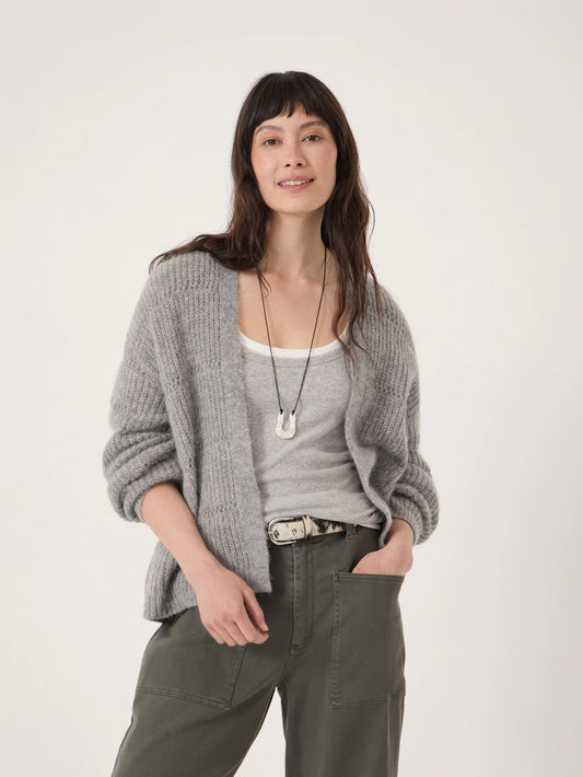 Grey extra fine knit edge to edge cardigan.