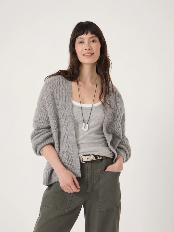Grey extra fine knit edge to edge cardigan.