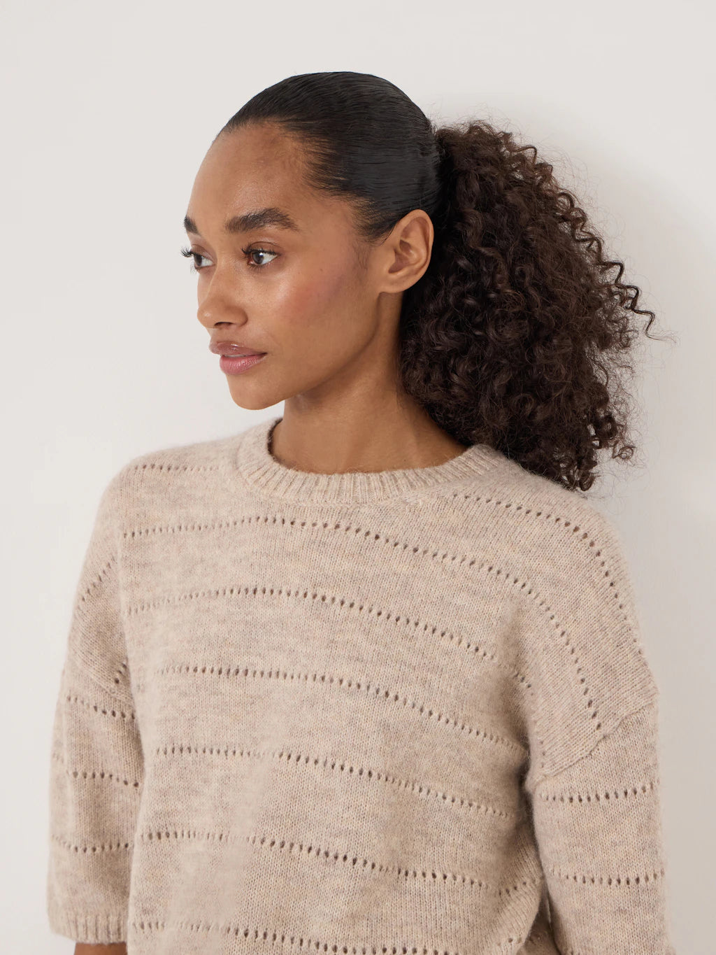 Arlette Pointelle Stitch Knitted Tee - Oatmeal