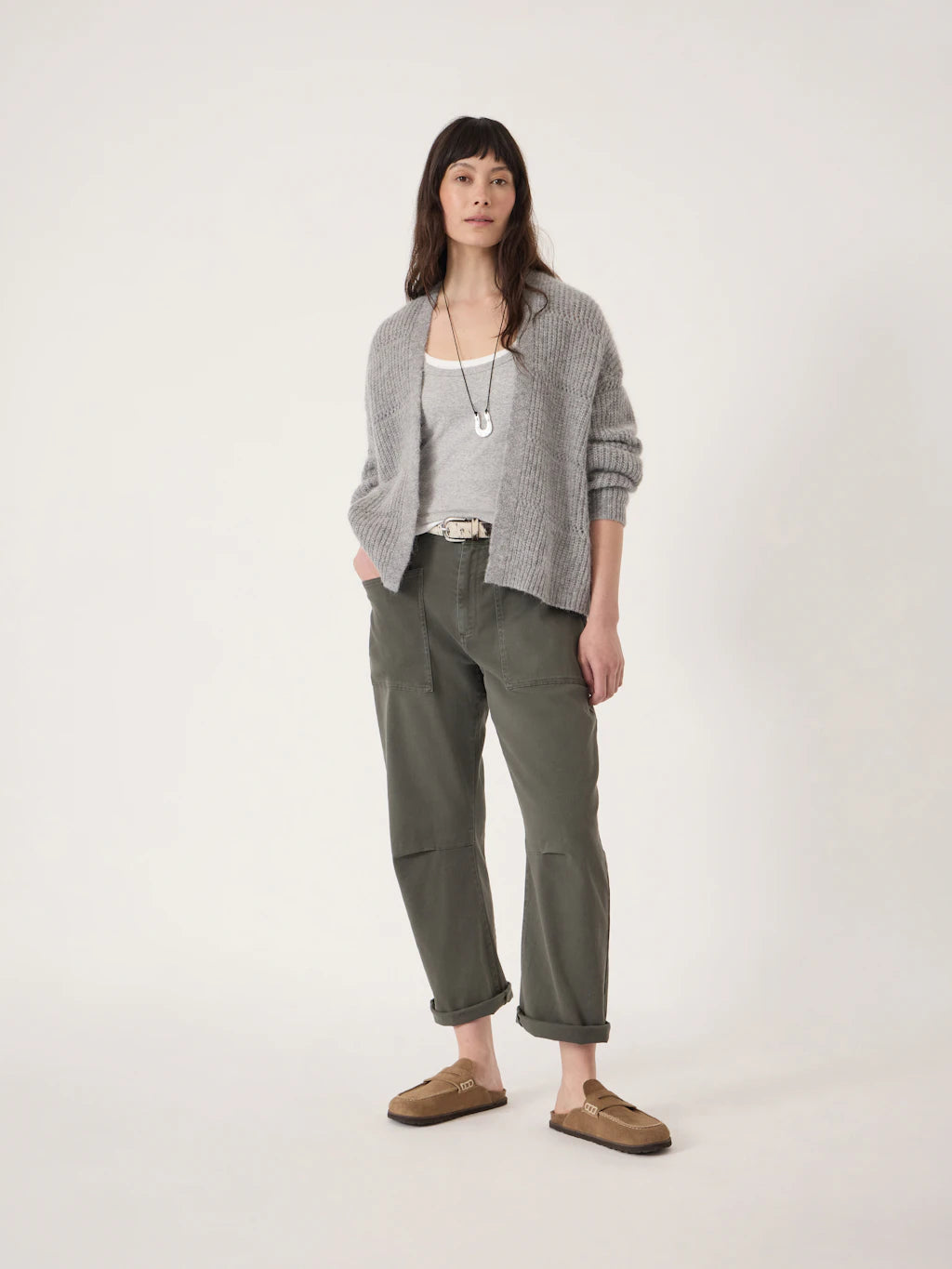 Allegra Pointelle Stitch Knitted Cardigan - Mid Grey Marl