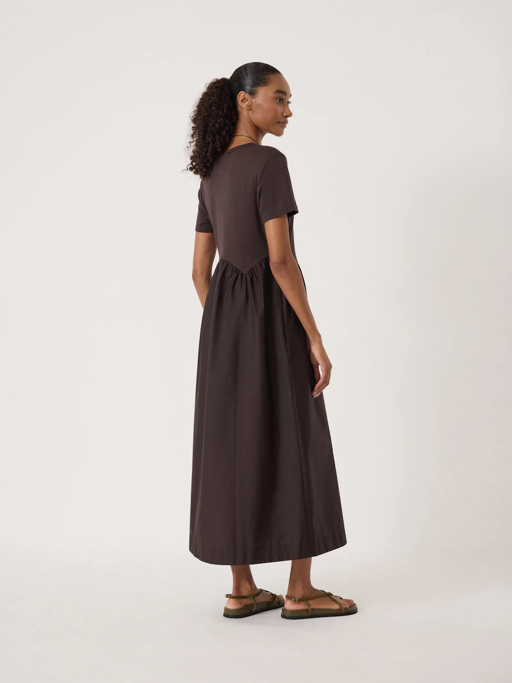 Enid Mix Media Jersey Woven Dress - Chocolate Brown