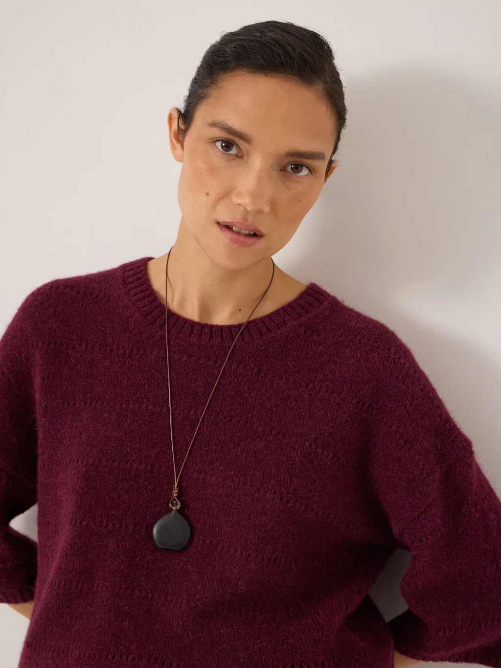 Arlette Pointelle Stitch Knitted Tee - Wine Red