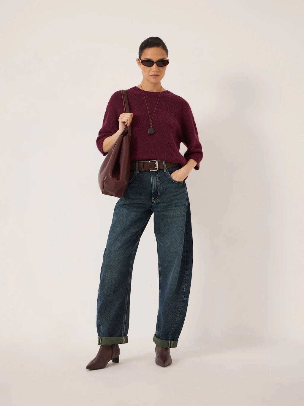 Arlette Pointelle Stitch Knitted Tee - Wine Red