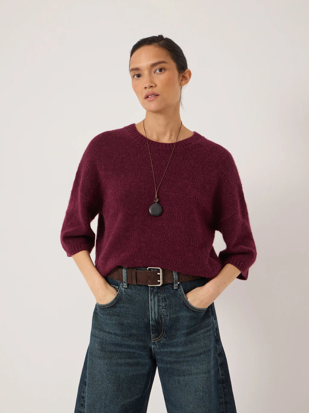 Wine red pointelle knitted t-shirt.
