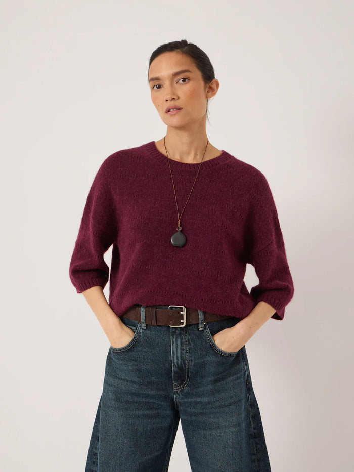 Wine red pointelle knitted t-shirt.