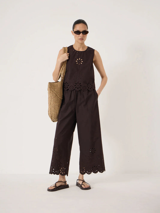 Espresso brown cotton broderie wide leg trousers.