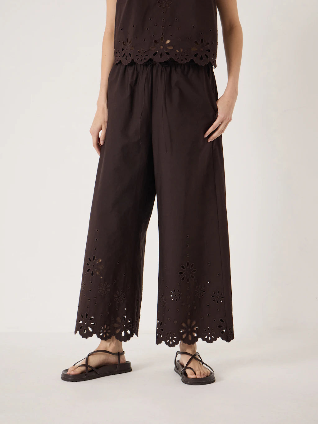 Renna Broderie Placement Trousers - Dark Brown