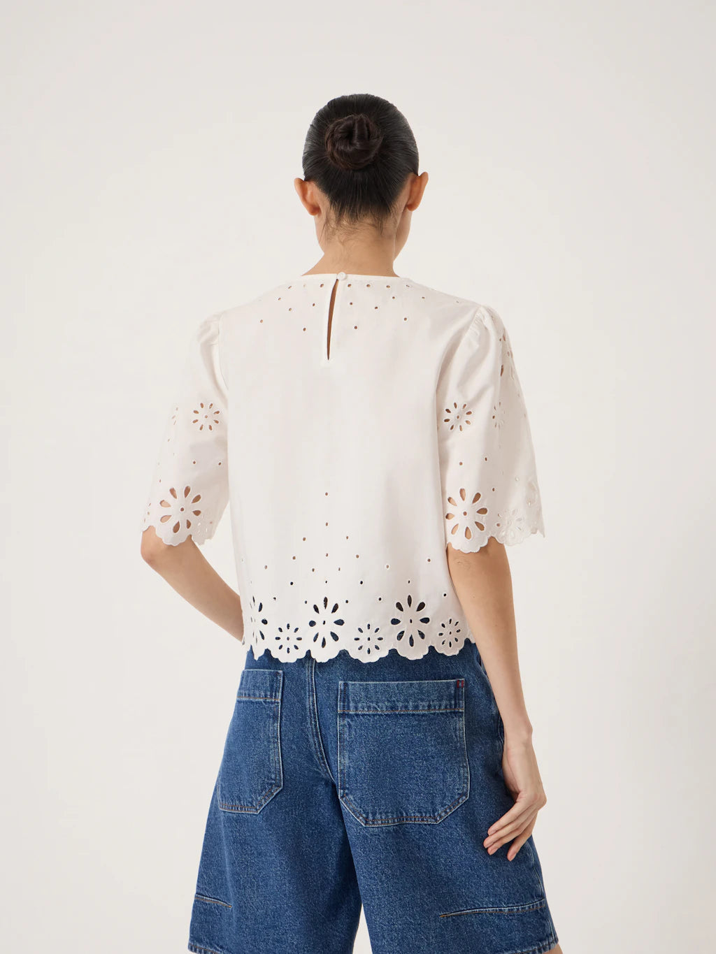 Enna Cotton Short Sleeve Broderie Top - Off White