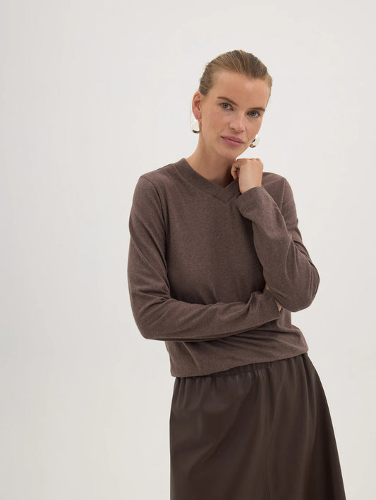 Soft brown v-neck top.
