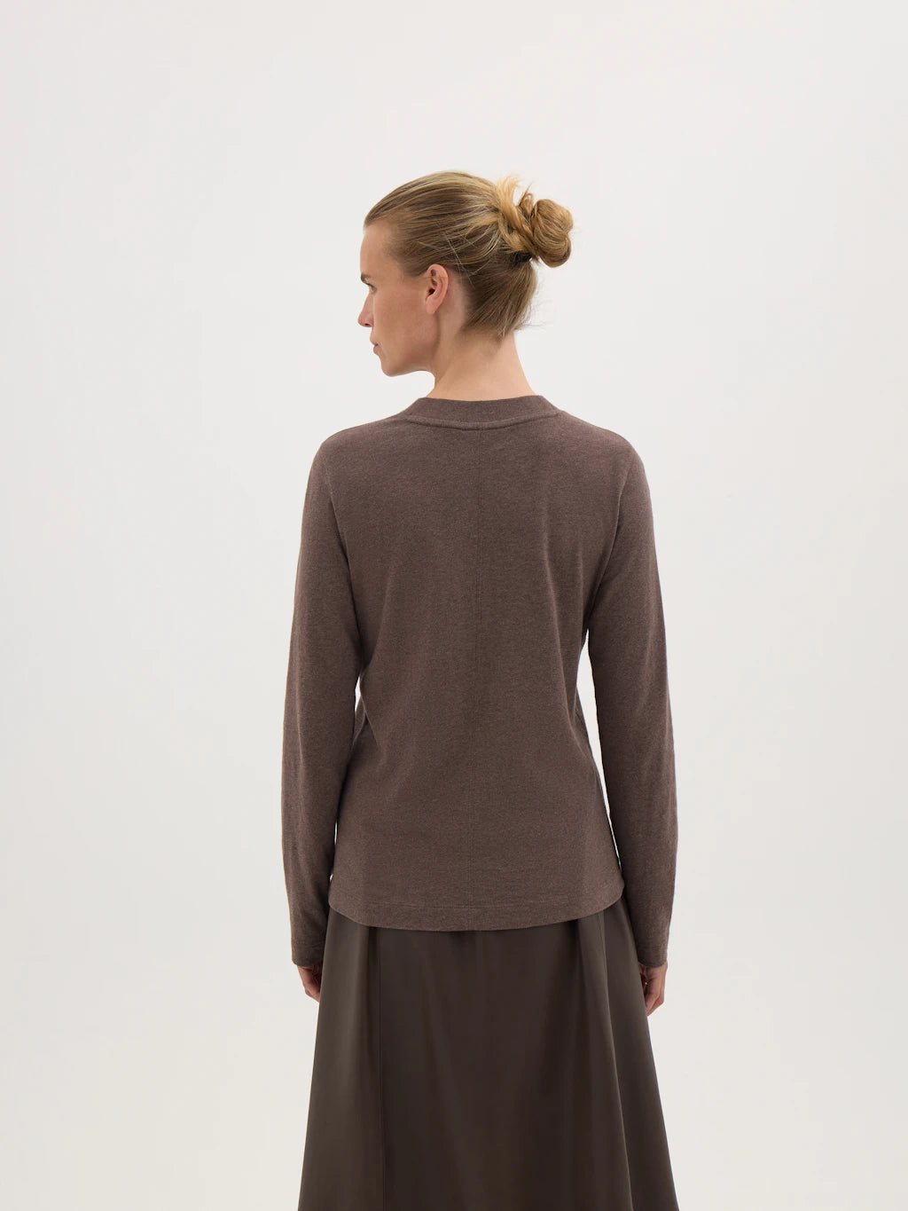 Hols High V Neck Long Sleeve Top - Mid Brown Marl