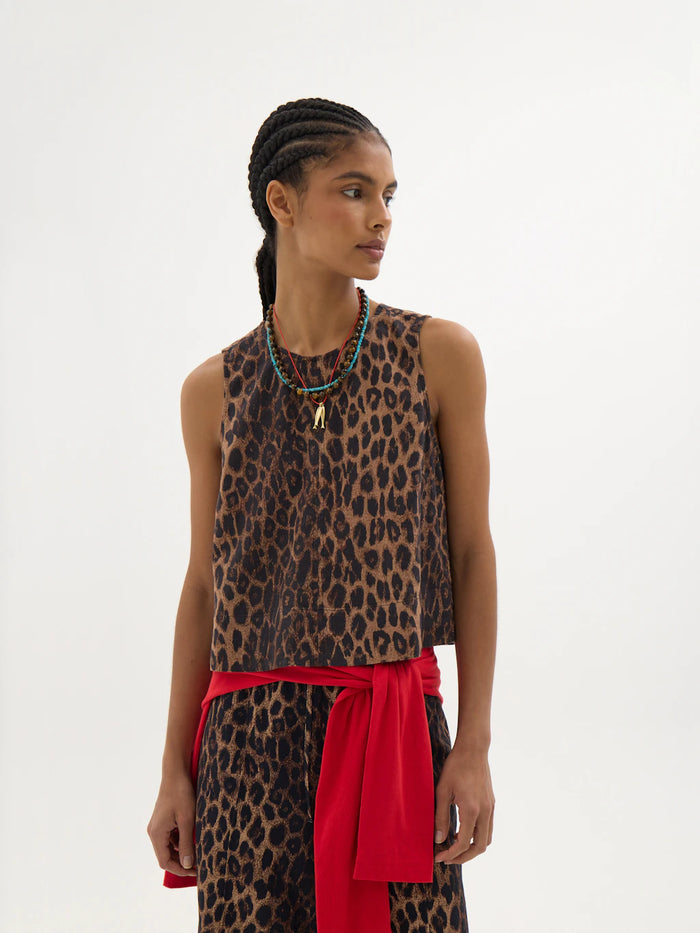 Leopard print linen-blend top.
